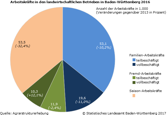 Schaubild 1: Arbeitskräfte in den landwirtschaftlichen Betrieben in Baden-Württemberg 2016