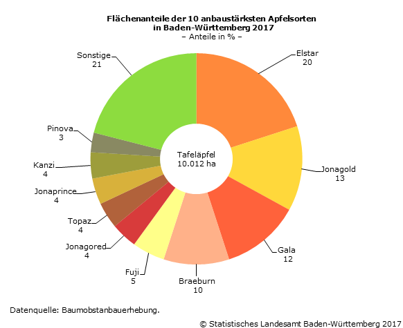 Schaubild 1: Flächenanteile der 10 anbaustärksten Apfelsorten in Baden-Württemberg 2017