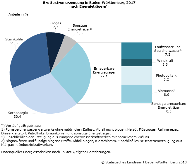 Schaubild 1: Bruttostromerzeugung in Baden-Württemberg 2017 nach Energieträgern
