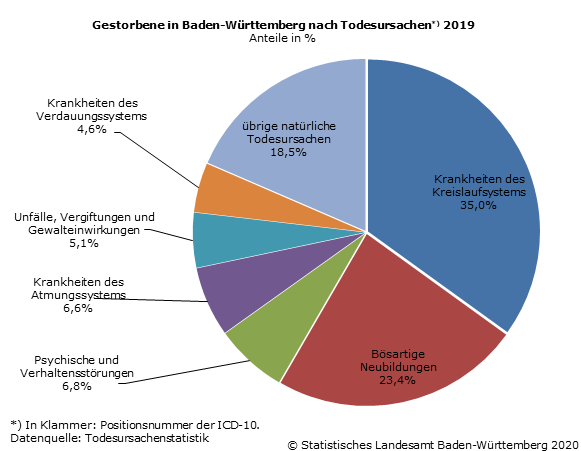 Schaubild 1: Gestorbene in Baden-Württemberg nach Todesursachen 2019 - Anteile in % Schaubild 1: Gestorbene in Baden-Württemberg nach Todesursachen 2019 - Anteile in %