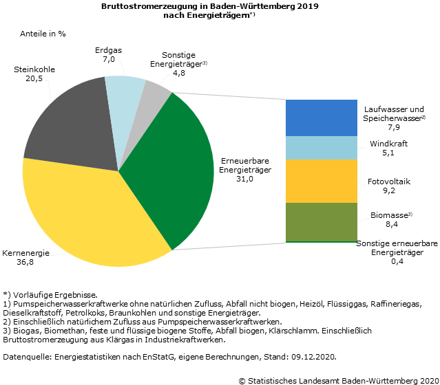 Schaubild 1: Bruttostromerzeugung in Baden-Württemberg 2019 nach Energieträgern