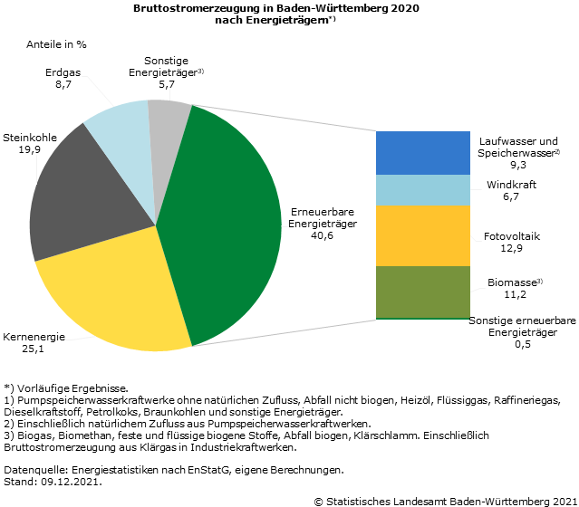 Schaubild 1: Bruttostromerzeugung in Baden-Württemberg 2020 nach Energieträgern