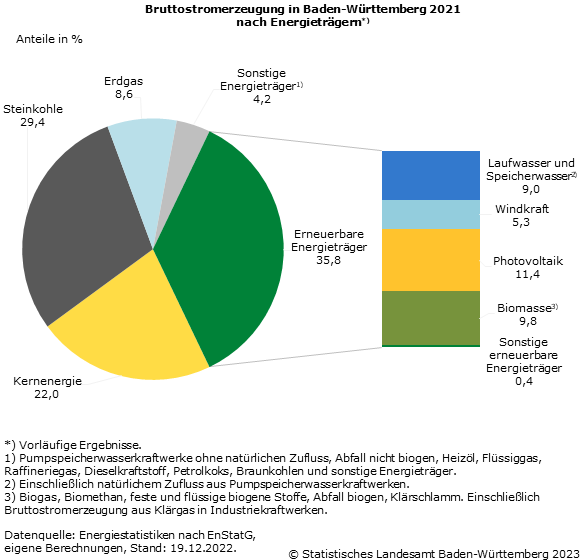 Schaubild 1: Bruttostromerzeugung in Baden-Württemberg 2021 nach Energieträgern