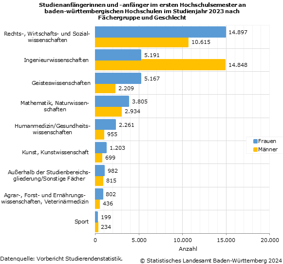 Schaubild 2: Studienanfängerinnen und -anfänger im ersten Hochschulsemester an baden-württembergischen Hochschulen im Studienjahr 2023 nach Fächergruppe und Geschlecht