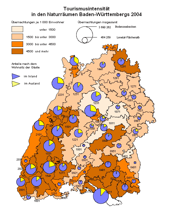 Schaubild: Tourismusintensität in den Naturräumen Baden‑Württembergs 2004